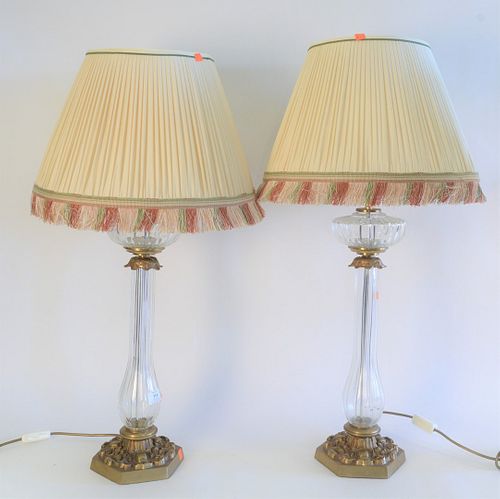 Pair Cut Crystal Table Lamps, with brass mounts and bases, total height 35 inches.