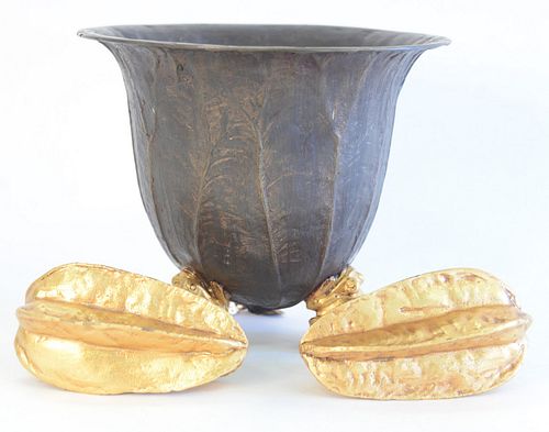 Three Bronze Pieces, to include bronze bowl with leaf form body and gilt frog feet, height 8 inches; along with a pair of gilt bronze paperweights, in