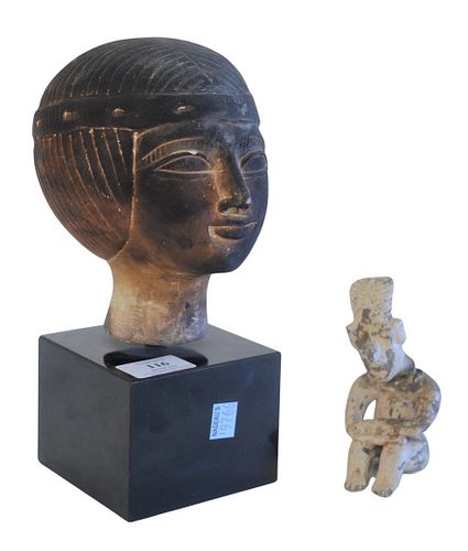 Two Piece Lot to include Egyptian Carved Stone Bust of a Pharaoh along with an early stone seated figure (as is), height 10 inches (Pharaoh), height 4