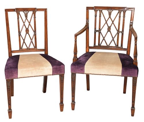 Set of Twelve Sheraton Style Dining Chairs, with fully upholstered seats. Provenance: Eight sold at Christie's, South Kensington, June 7, 2000; 4 made