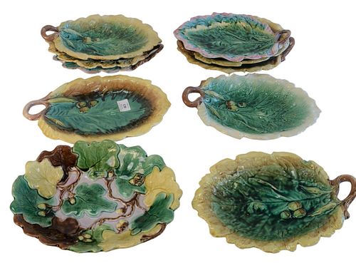 Ten Majolica Leaf Shaped Dishes, with acorn forms, (breaks and repairs/as is), length 12 inches.