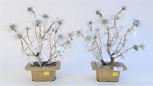 Pair Crystal Floral Plants, with crystal leaves, all set in brass pots, height 13 inches.