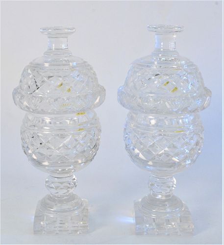 Pair Anglo Irish Covered Crystal Dishes, height 8 inches.