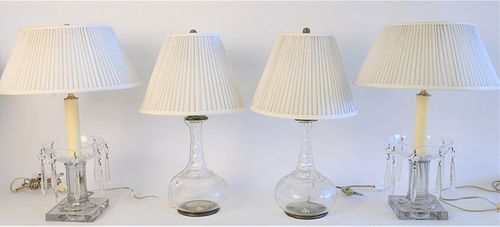 Two Pairs of Cut Glass Table Lamps; pair of decanters with etched grape and leaf decor, total height 17 inches; along with a pair of crystal candlesti