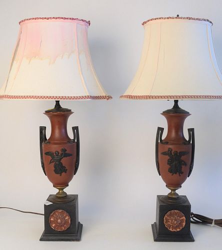 Pair of Basalt Table Lamps, urn style with handles and classical figures, mounted on wood bases, (repaired), height 30 1/2 inches.