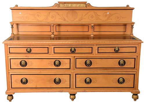 Continental Style Sideboard, with backsplash shelf, and paint decoration, with lion mask handles, height 55 inches, width 74 inches, depth 22 inches.