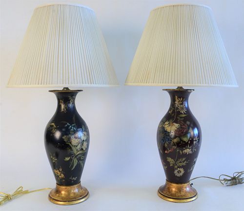 Group of Five Table Lamps, to include pair of papier mache table lamps, with painted flowers (as is), height 29 inches; a large ceramic vase, made int