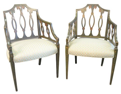 Pair George IV Paint Decorated Arm Chairs, with newly upholstered seats, England, c. 1800, height 35 inches.