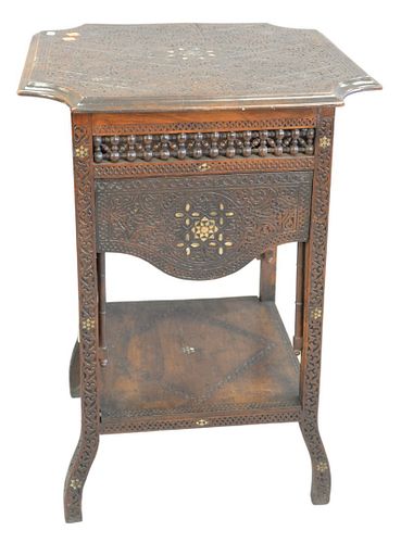 Moorish Carved Table, with shaped top; having retractable, mechanical side shelves and mother of pearl inlay, Middle Eastern, late 19th Century, heigh
