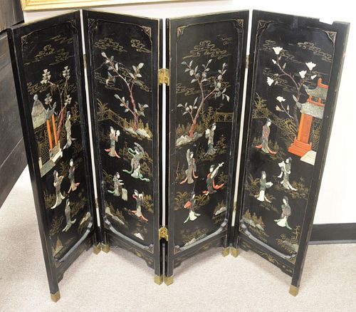 Japanese Four Panel Screen, with carved pagodas and Geisha figures, height 38 1/4 inches, width 48 1/2 inches.