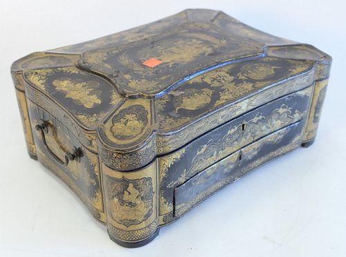 Chinese Black Lacquered Sewing Box, with hinged lid over one drawer, height 5 1/2 inches, width 14 1/4 inches, depth 10 1/2 inches.