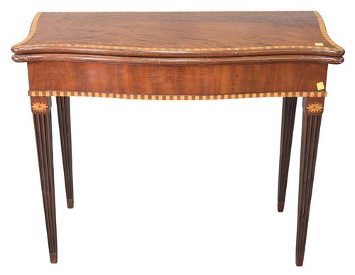 George III Mahogany Game Table, having inlaid trim and felt interior, set on fluted legs, height 28 inches, top closed 17 1/2" x 36".