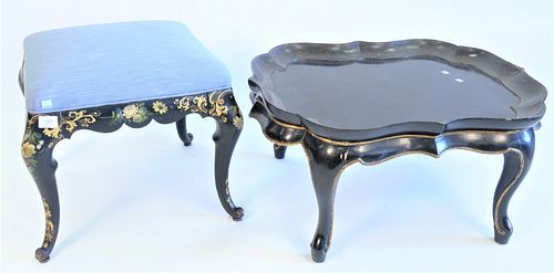 Two Piece Lot to include Louis XV Style Tabouret, having custom blue upholstered top, over ebony, gilt, and paint decorated base and cabriole legs, he