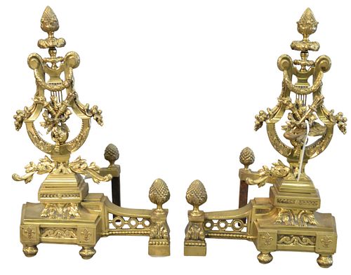 Pair of large French style Brass chenets, these andirons are in the form of a harp, height 25 inches.