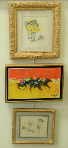 Four Piece Group, to include Willering Epko, oil on canvas, horse race, signed lower right; Lazzaro Donati, lithograph in colors on paper of figures, 