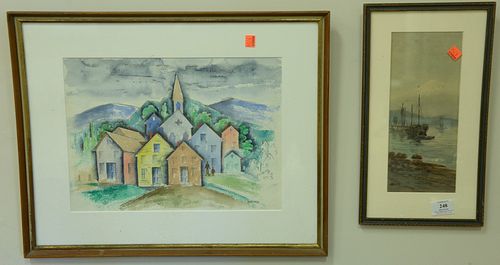 Three Piece Painting Group, to include George Marinko (1908 - 1989), village scene with building and figures, watercolor, signed lower right, 11" x 14