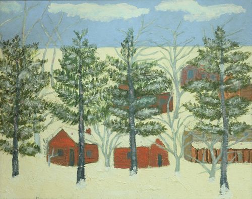 Edna Kuriloff (Russian, b. 1889), village in winter, oil on canvas, signed lower left: E. Kuriloff (signature obscured by frame), 24" x 30 1/4".