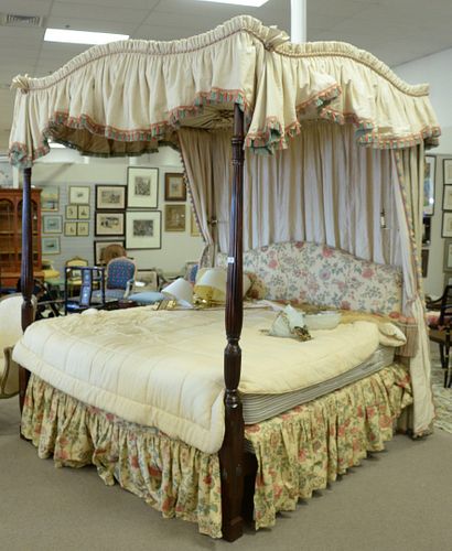 Custom Made King Size Canopy Bed, with Bennison upholstery and custom Epoc mattress and box spring, with brass retractable lamps mounted on posts, hei