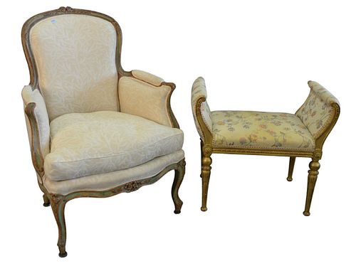 Two French Pieces, to include Louis XV style bergere in green paint, with ribbon carved frame and seat raised on foliate carved cabriole legs; the pad