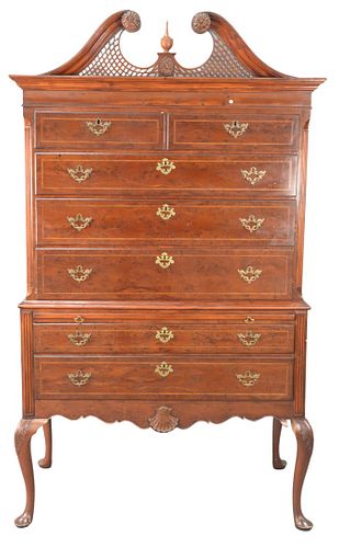 Queen Anne Style Highboy in 2 parts, having burlwood drawer fronts with pullout slide, height 81 inches.