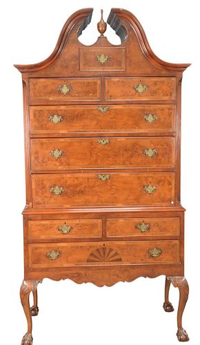George IV Style Mahogany Highboy, in two parts, with full bonnet top, burlwood panel drawer fronts, all set on ball and claw feet, height 90 inches, c
