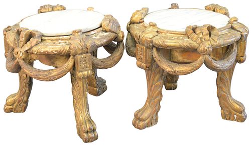 Pair of Large Louis XVI Style Carved Jardiniere Stands or Tabourets, gilt decorated with marble tops, on paw feet, height 17 inches, marble diameter 1