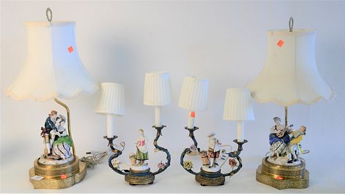 Two Pairs of Figural Table Lamps, to include pair of German porcelain figural lamps, on pierced brass bases, not marked, height 23 inches; along with 