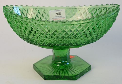 Green Diamond Cut Crystal Shaped Compote, height 6 inches, top 6" x 10".