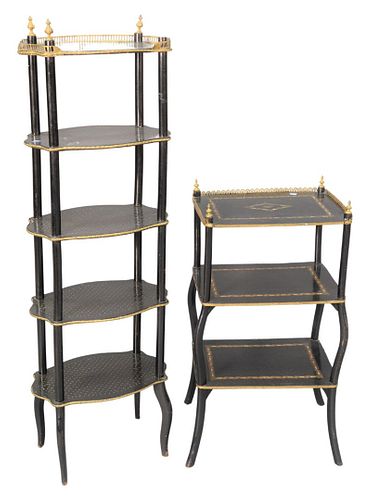 Two Tiered Stands, one having three tiers, height 48 inches; along with five tier with brass star inlays, height 28 1/2 inches.