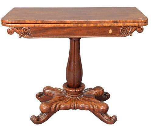 Mahogany Card Table, on pedestal with scrolled base, and felt interior. Provenance: Keith Skeel Antiques, London. Joanna Trading, London to present ow