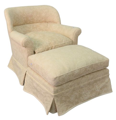 Custom Upholstered Chair and Ottoman, down cushion (slight sun fading), height 31 inches, width 34 inches.