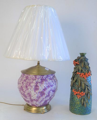 Two Vases Attributed to Zsolnay; green iridescent glazed vase with molded leaves and berries, drill bottom, ground top rim; along with a lilac cachepo