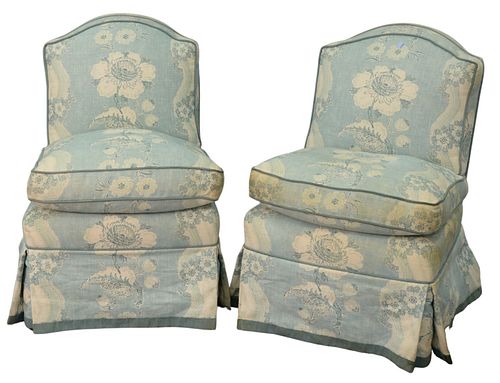Pair Custom Upholstered Side Chairs, (one cushion front soiled), height 30 inches.
