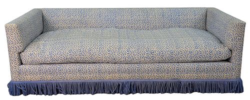 Custom Low Back Sofa, in blue and white upholstery, with fringe ends (worn), length 84 inches.
