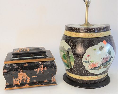 Eight Piece Group of Oriental Lacquered and Painted Boxes, to include 2 red lacquered document boxes with gilt bats; inlaid box; Japanese box; barrel 