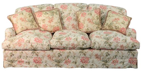 Pair of Bennison Upholstered Custom Sofas, upholstered in ostrich lily, height 37 inches, length 87 inches.