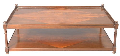 Large Contemporary Mahogany Rectangle Coffee Table, two tier with diamond inlaid panel, glass top insert, width 62 inches, height 17 inches.