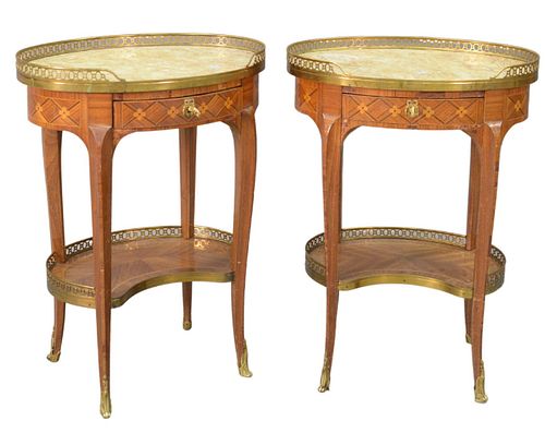 Pair of Louis XV Style Oval Stands, each with brass gallery, marble top over inlaid drawer, total height 27 inches, top 14 1/2" x 20 1/4". Provenance: