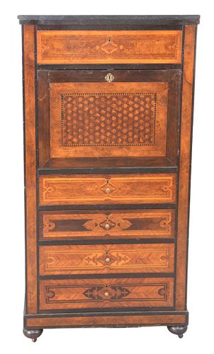 Secretaire Abattant, having slate top, inlaid and parquetry inlaid with rosewood and burlwood, having leather writing surface, height 54 inches, width