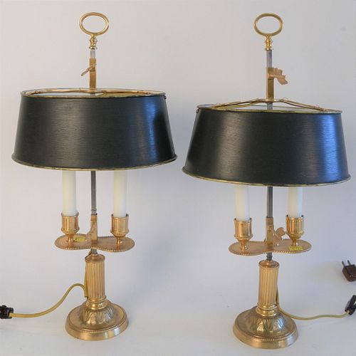 Pair of Small Gilt Bronze Bouillotte Style Table Lamps, having adjustable tole shades, each with candle holders, electric lights attached to shades, t
