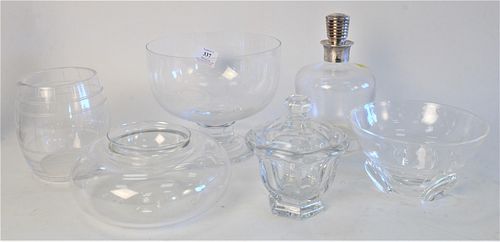 Six Piece Crystal Group, to include Christofle decanter with silver top; Stuart; Steuben compote, marked with an 'S', height 6 3/4 inches; Steuben bow