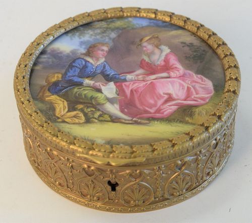 Brass Jewel Box, with painted porcelain top, height 1 5/8 inches, diameter 4 1/4 inches.