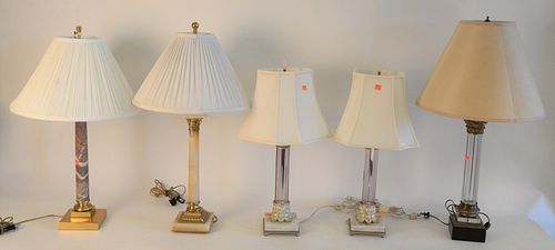 Five Piece Group of Decorative Table Lamps, to include three glass, cylindrical lamps, along with two marble, cylindrical lamps, tallest height 27 inc