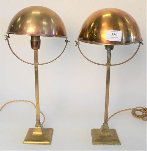 Pair of Brass Table Lamps, with adjustable dome shades, height 15 1/2 inches.