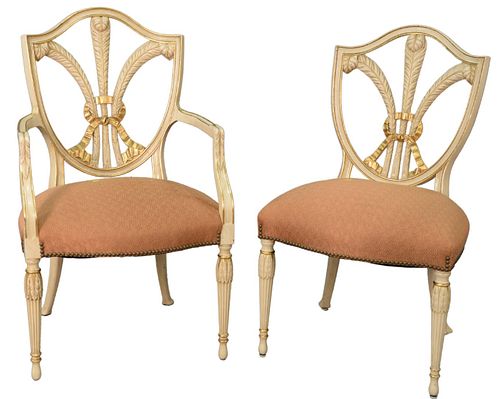 Set of Eight Shield Back Dining Chairs, with Blume design in white and gold trim, height 39 1/2".