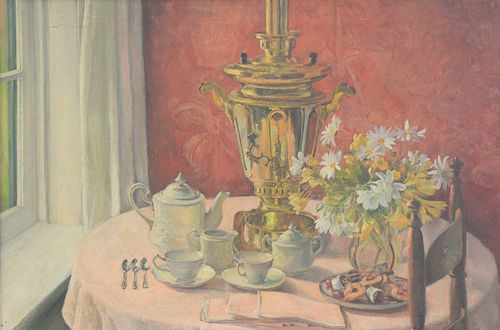 Leila Sawyer (American, 1883 - 1977), still life with tea, oil on canvas, signed upper right: L. Sawyer, 24" x 36".