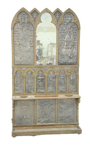 Gothic Hall Rack, having embossed brass and embossed pewter figures, King Arthur & Knights mounted with various colored glass beads and mirror center 