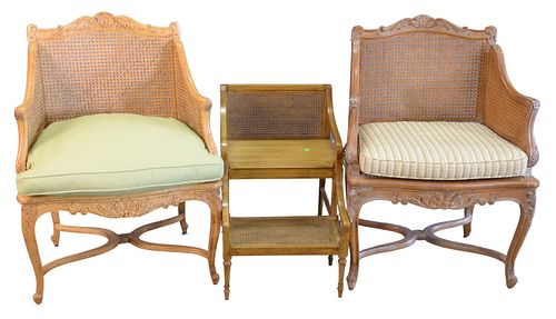 Three Piece Lot, to include pair of Louis XV style armchairs, with caning and 2 step stools with caning.