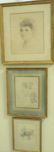 Six Piece Group of Framed Works on Paper, to include five watercolor and pencil sketches by Erica Von Kager; along with a pencil on paper of a young b