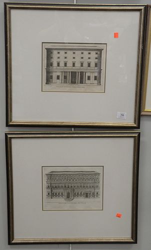 Eight Piece Group of Framed Works, to include six engravings of Italian Palaces, along with two watercolor and ink architectural drawings, each unsign